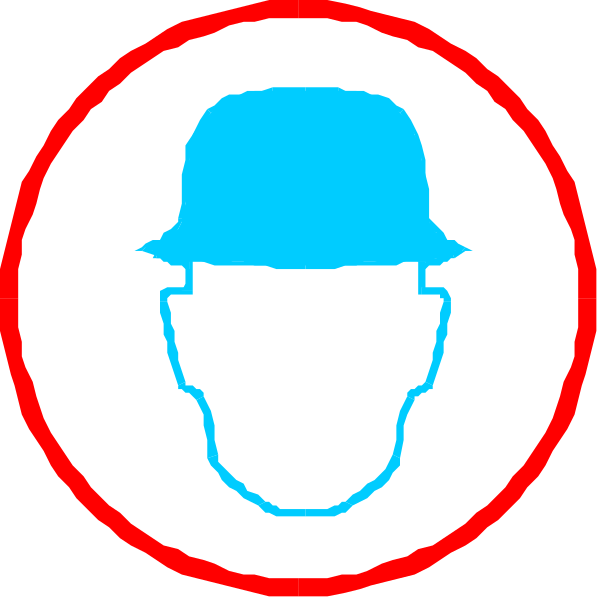 The image shows two circular stickers with a blue silhouette of a man's head on each side; between them is an icon depicting a face mask in white against a red background.
