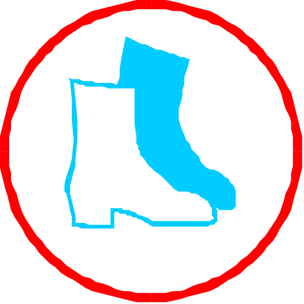 The image shows a red circular icon with three smaller images inside: on top left is an illustration of boots; bottom right depicts shoes in blue coloring; center-bottom displays black silhouettes representing feet and legs, suggesting walking or standing posture.