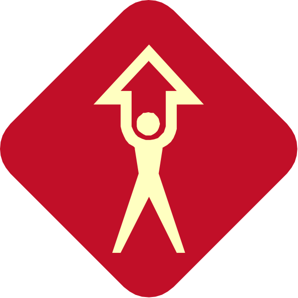 The image shows a red diamond with an icon of a person holding up their hand as if to signal 'stop' on top left corner; in center is another smaller square containing two diamonds: one yellow showing a man lifting his arm, and below it, there is a white triangle symbolizing the action.