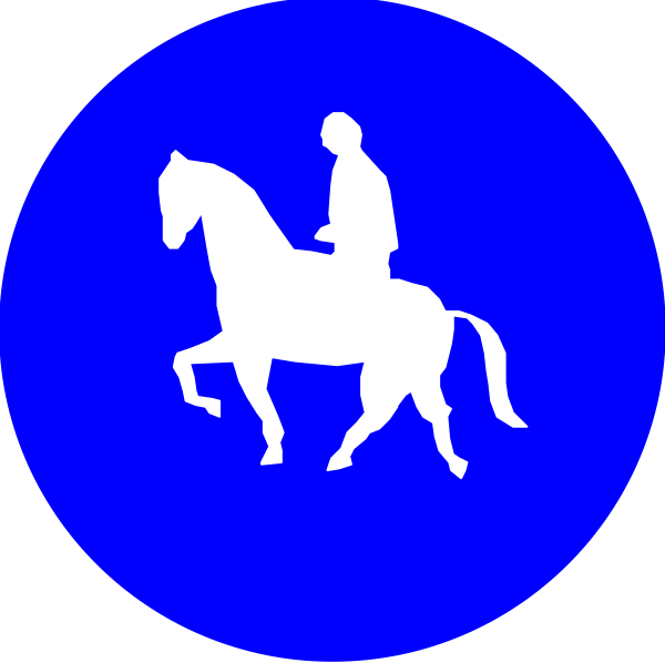 The image shows a blue circle with two white symbols: on top left corner is an icon of a person riding a horse; below it to its right side is another symbol depicting three horses in motion within one frame, suggesting movement and speed.