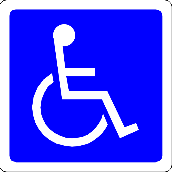 The image shows a blue handicap sign with white text indicating accessibility for wheelchairs and disabled individuals; it is accompanied by two smaller images of similar signs in different orientations: one upside down, showing only an arrow pointing to the right without any additional symbols or information, and another sideways, displaying both a symbol representing disability parking spaces (a blue square with white letter "P") next to the handicap sign.