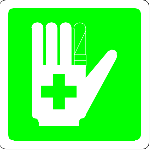 The image shows a collection of three different emergency signs: on top left there is an icon with two crossed-out symbols representing prohibition; in the center right it features a hand symbolizing "do not enter" and below that, another sign indicating first aid or medical assistance (a cross inside a circle); at bottom left, there's a green square containing white text.