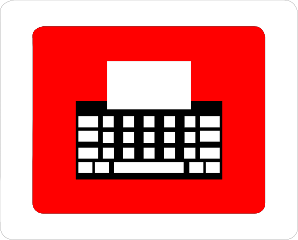 The image shows a computer keyboard icon on top of an envelope with a red border next to two icons: a phone symbol above it and another that appears to be a printer below it. Both symbols have white outlines, suggesting these might represent functions within software or services related to communication and printing. There is no text present in the image. The style suggests this could be an icon from a computer interface representing different actions one can perform with documents on their device.