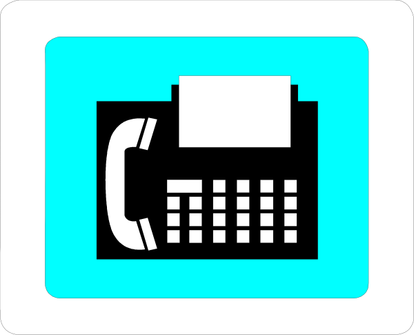The image shows a black and white icon of an office telephone with buttons on it against a blue background.