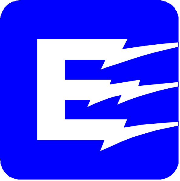 The image shows two square graphics side by side with a blue background on both sides; each graphic contains white text that reads "E" in one case and an icon of lightning bolts above it in another.
