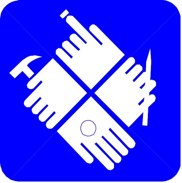 The image shows two square iconographic representations of a wrench with hands holding it together on either side against different backgrounds: one blue and white, which is smaller in size; and another larger red-toned version that includes an additional symbol resembling a lock or padlock at the bottom.