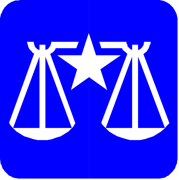 The image shows two square signs with a blue background featuring white icons: on top is an icon of scales representing justice; below it is another symbol that appears to be related to law enforcement or legal services due to its resemblance to badges, but without more context I cannot provide specific details about this second sign. The style suggests these are likely logos for organizations associated with the administration of justice and/or public safety.