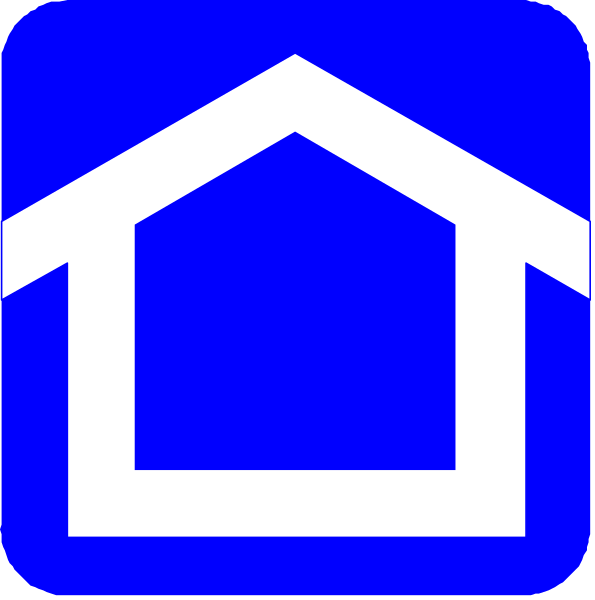 The image shows a blue house icon on top of another smaller white square with an arrow pointing to it from above left corner.