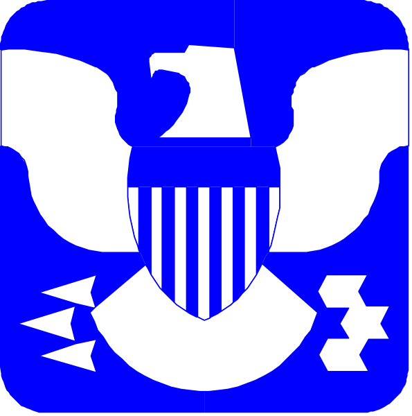 The image shows two square logos side by side with a blue background; on the left is an icon of what appears to be a shield emblem featuring stars above it, below which there's a torch flanked by rays and arrows pointing upwards, all encased within a circle. On the right logo, we see another circular design that includes a stylized eagle with its wings spread wide atop an olive branch; beneath this is a shield bearing stripes of red and white alternatingly around it. The overall style suggests these are emblems or logos