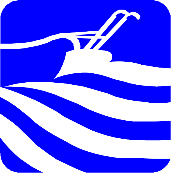 The image shows a blue shovel on top of white waves with red stripes next to each other against a light background in one half, while the second half features an iconic representation of a beach scene including sand and water under clear skies at sunset or dawn.