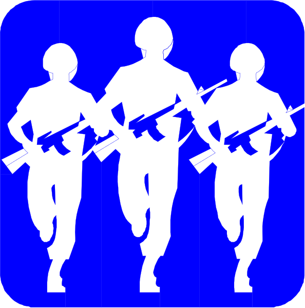 The image shows a blue icon with three silhouettes of soldiers running towards each other while holding guns; there is no text present in this clip-art illustration.