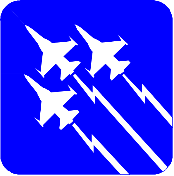 The image shows a blue icon with three fighter jets flying upwards against a white background on top left corner of another square graphic that displays four missiles in flight from bottom right to upper left corners within it, both set against a darker backdrop and framed by two rectangles forming an X shape.