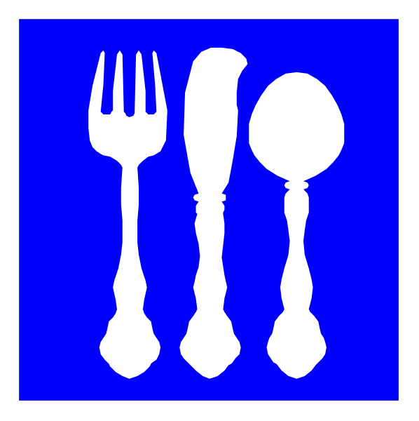 The image shows a blue square with white silhouettes of three utensils: fork on left, knife in middle, spoon to right; all against plain background.