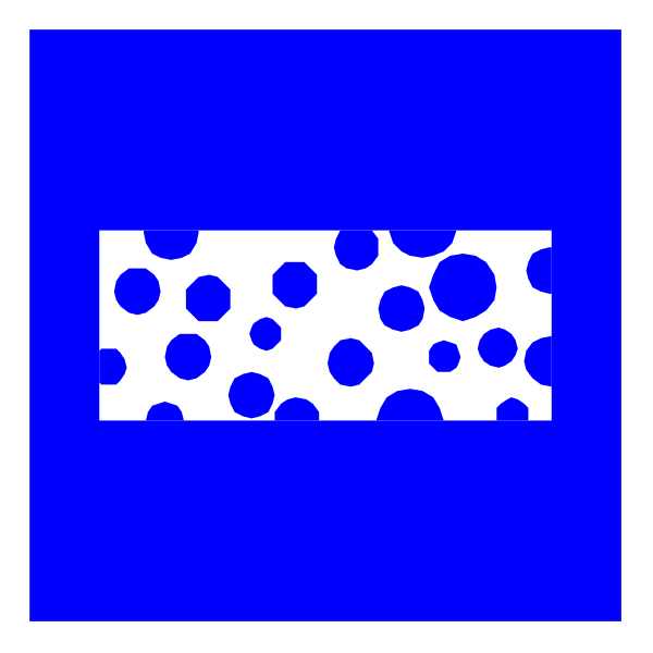 The image shows a blue square with white polka dots on it inside another larger rectangle that has black lines forming an X shape across its center.