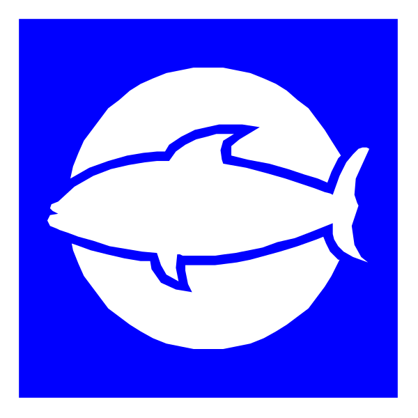 The image shows a blue fish inside an oval with two white lines forming its body shape on top of another circle that has three vertical stripes in shades of light to darker blues from left to right, suggesting depth and perspective within each element; there is no text or additional context provided about the setting.