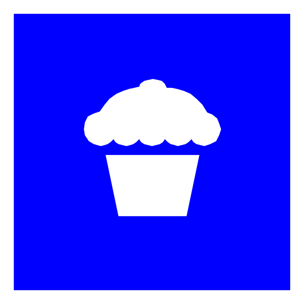 The image shows a blue sign with an icon of a cupcake on it against a white background.