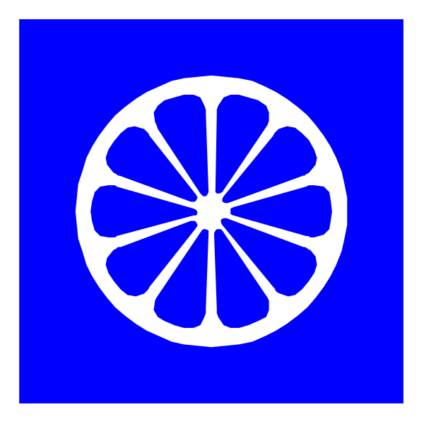 The image shows a blue square with an orange slice graphic inside it on top of another smaller blue circle that has white lines forming what appears to be a wheel-like design resembling spokes around its center.