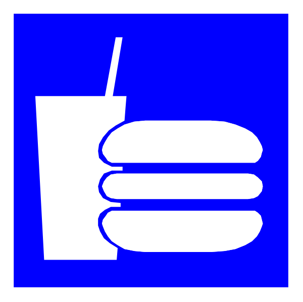 The image shows a blue sign with white text that reads "Hamburger" on it next to an icon of two hamburgers stacked together above another burger patty below them.