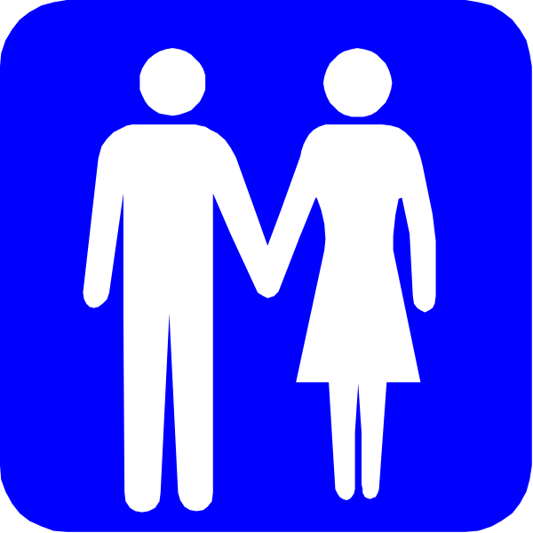 The image shows a blue sign with white symbols of two figures holding hands; it is set against an unseen background that suggests public space like a restroom due to its universal nature.