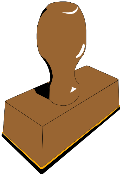 The image shows a simple line drawing of an object that resembles a trophy with two visible sides: on its left side is what appears to be a brown base block, while on the right there's a cylindrical top piece featuring some sort of emblem or logo in white and yellow.