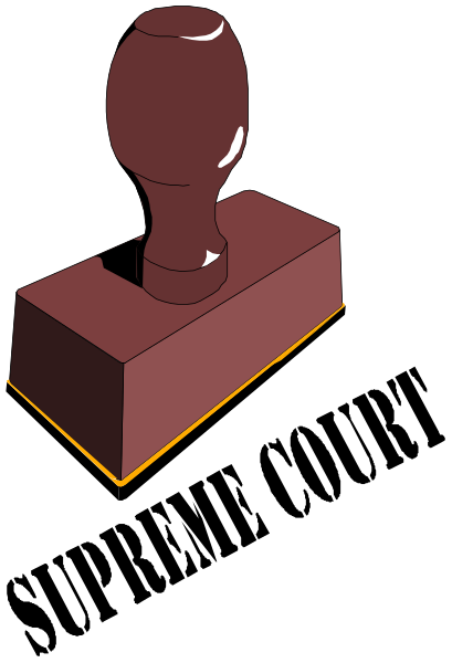 The image shows a red gavel on top of an orange block with black lines indicating its shape against a dark background.