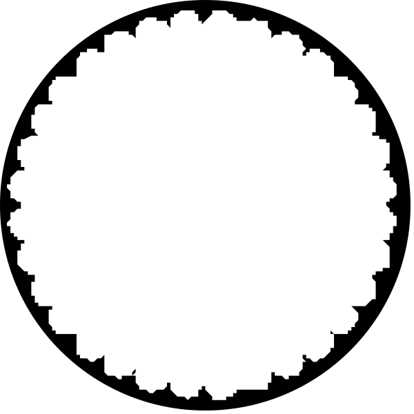 The image shows a black and white pixelated representation of two overlapping circles with dots inside them against an empty background.