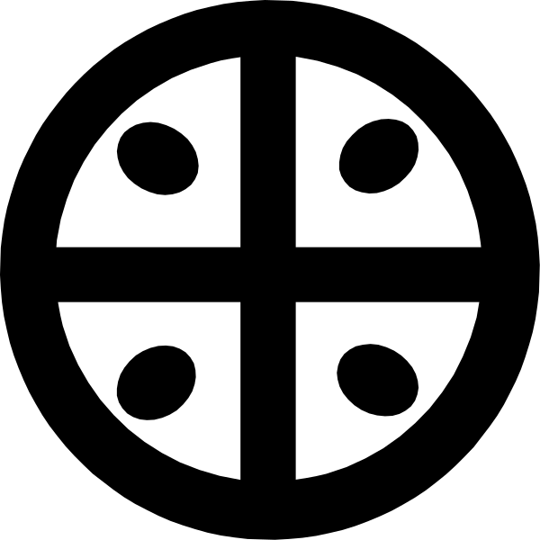 The black and white logo of a cross with four arms forming an X shape around it is shown against a dark background.