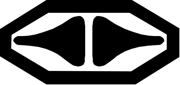 The image shows a black and white logo with an abstract design that resembles stylized lettering on top of what appears to be two overlapping shapes forming a sort of emblematic symbol below it, all set against a grey background.