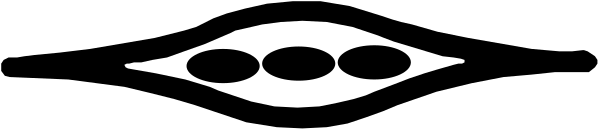 The image shows a black and white graphic of an abstract design with geometric shapes resembling eyes on either side at top center, connected by what appears to be two lines forming a stylized face shape in between them; below this is another line that curves upwards into a small circle or dot.