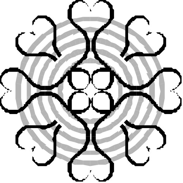 The image shows a black and white logo with an intricate design that includes geometric shapes resembling stars within circles against a dark background.
