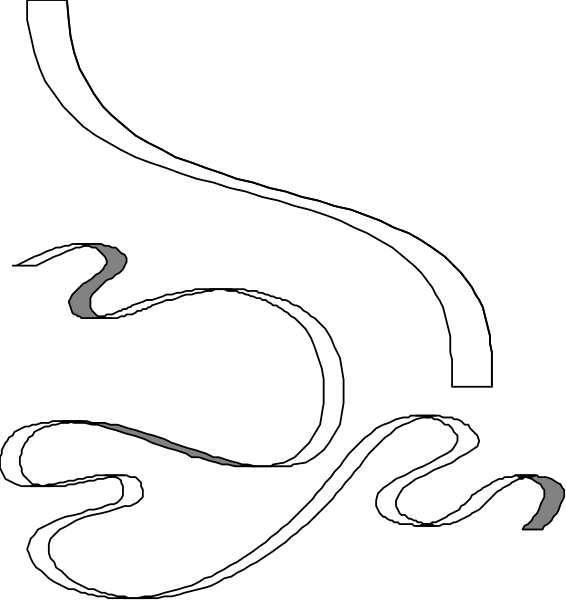 The image shows a black silhouette of an object with two curved lines on it against a white background.
