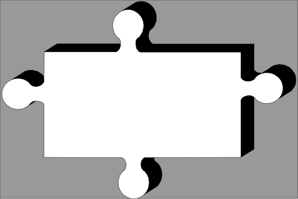 The image shows a puzzle piece with an intricate design that includes various shapes such as rectangles, squares, circles, triangles, lines connecting them in different ways to form what appears to be part of a larger structure or pattern within it.