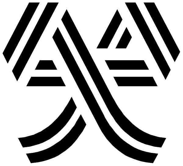 The image shows a black and white graphic of an abstract design with symmetrical patterns that resemble stylized lettering forming what appears to be a monogram-like symbol in the center against a dark background, giving it a modern appearance.