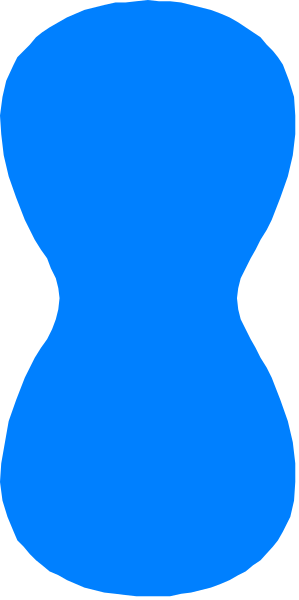 The image shows a blue abstract shape resembling an object with two handles on either side against a grey background.