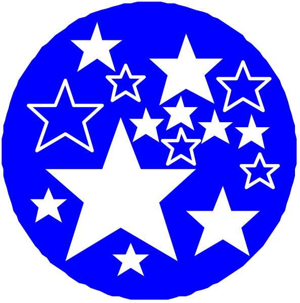 The image shows two circular stickers with a blue background featuring white stars of various sizes scattered across them; there is no text present in this clip-art picture.