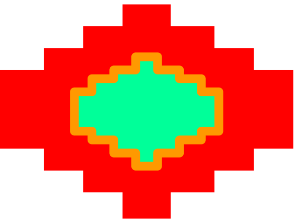 The image shows a pixelated representation of an abstract shape with red and green areas against a dark background.
