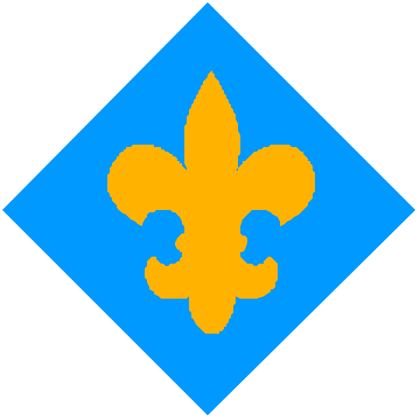 The image shows a blue diamond with an orange fleur de lis inside it on top of another similar but smaller blue square that also contains a yellow fleur de lis within its borders.