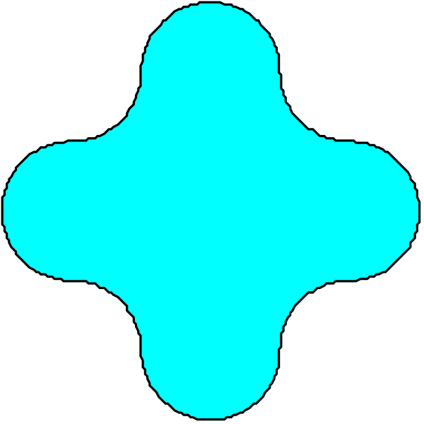 The image shows two blue abstract shapes resembling stylized flowers against a black background.