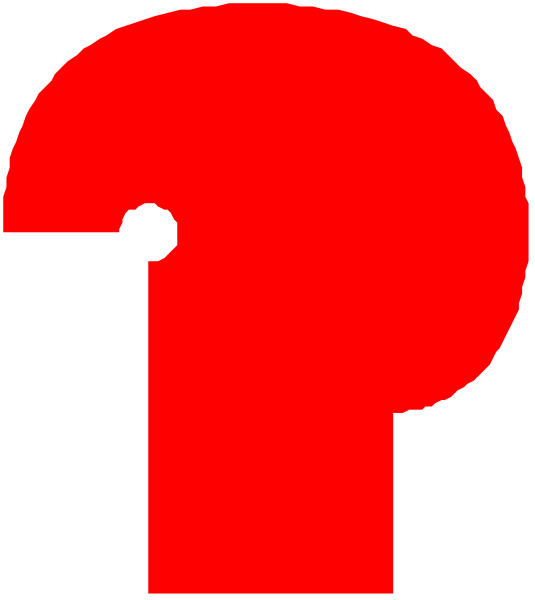 The image shows a red capital letter "P" on top of another smaller red rectangle with an arrow pointing to it from above.