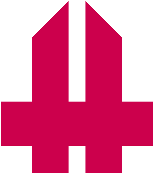 The image shows a red symbol resembling an arrow pointing upwards within what appears to be a black square with rounded corners on top of another similar shape in white against a gray background.