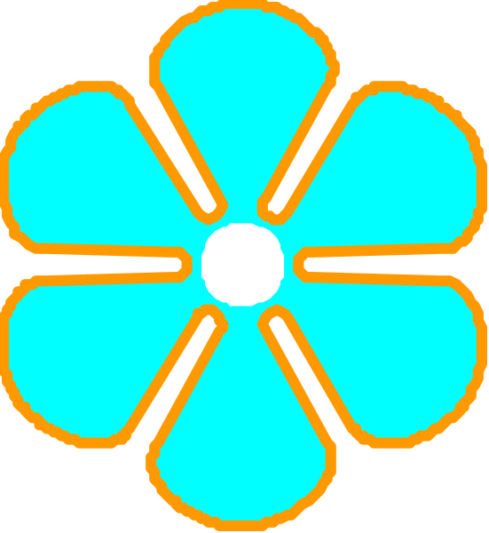 The image shows a stylized blue flower with six petals against an orange background on the left side of the frame; there is no text present in this clip-art illustration.
