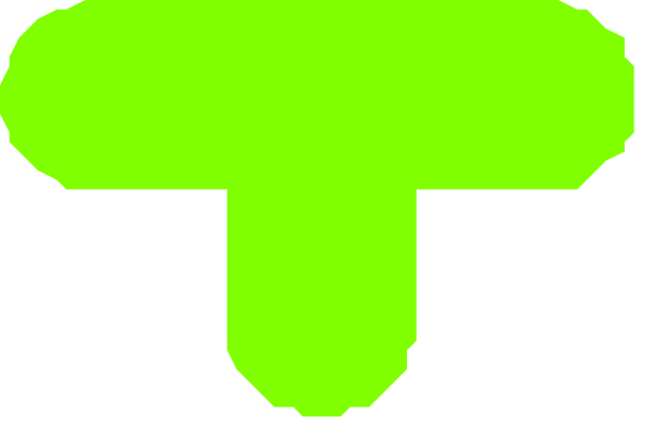 The image shows a pixelated green object that resembles an abstract representation of a plant with two leaves on top against a dark background.