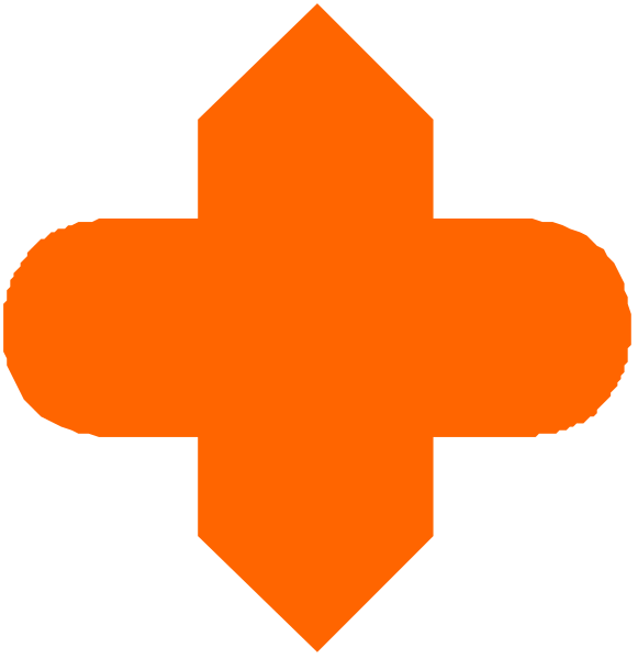 The image shows two red crosses with a white plus sign between them on top of an orange background.