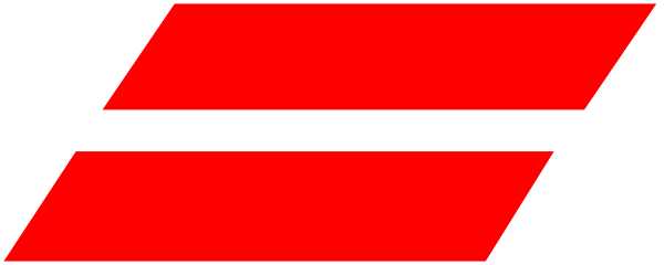The image shows a red logo with white text on it against a gray background.
