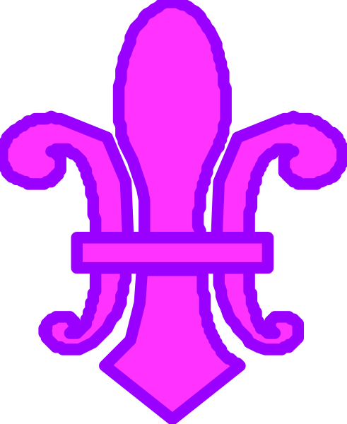 The image shows a purple stylized emblem resembling an abstract flower with six petals on each side of its centerpiece; it is set against a white background.