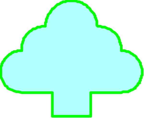 The image shows a pixelated representation of two stylized clouds with green outlines against a dark background on the left side; there is also an icon resembling a tree in white color to its right, and below it appears another symbol that looks like a cross or plus sign.