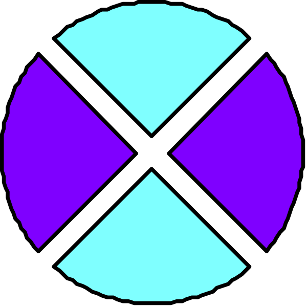 The image shows a purple circle with an x through it inside another blue circle on top of two overlapping circles that resemble eyes in profile view against a black background.