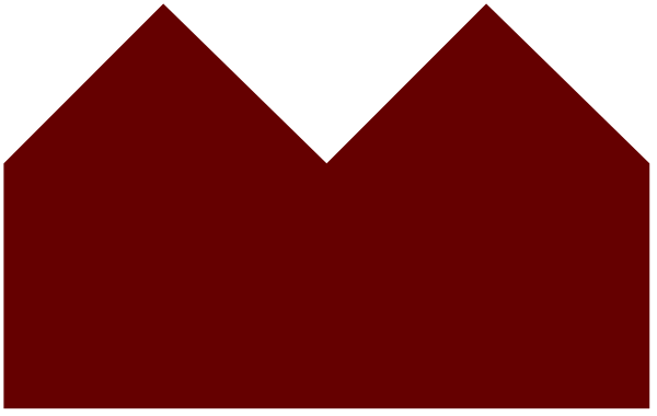 The image shows a red house with black roofs on top of each other against a gray background.