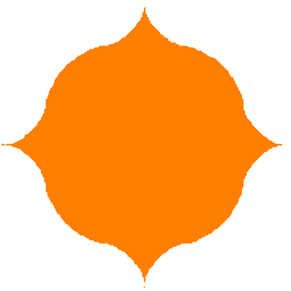 The image shows a simple orange logo with six points forming an abstract shape that resembles a stylized flower or sunburst pattern against a black background.