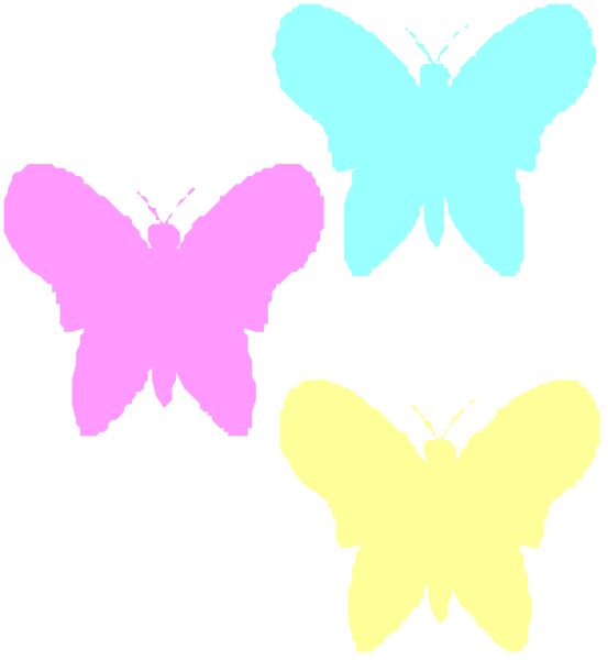 The image shows a sequence of four butterflies with different color patterns: pink on black background; yellow on white background; blue on purple background; green on gray background.